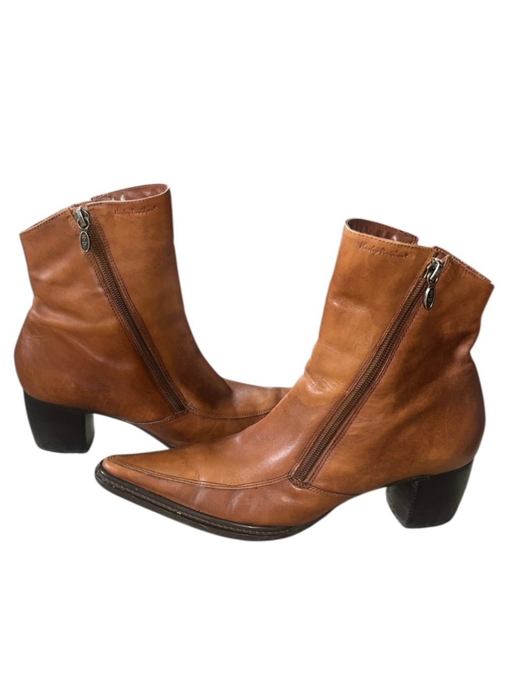 Harley-Davidson Brown Leather Dual Zip Up Squared Pointed Toe Boots Sz 9 - Picture 8 of 13